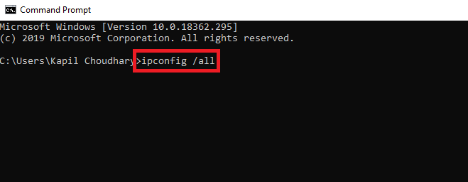 Command to find Mac address in Windows 10 computer