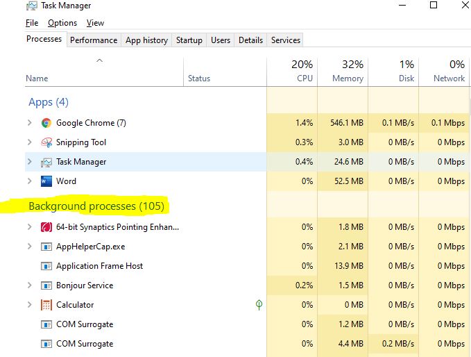 disabling background activities in the task manager to avoid computer hanging problems