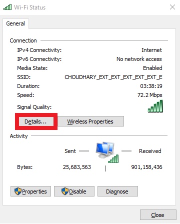 Connected network status with detail button in red box to find mac address of windows computer