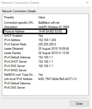 You can find Mac address of Windows 10 computer in front of physical address box in black outline.