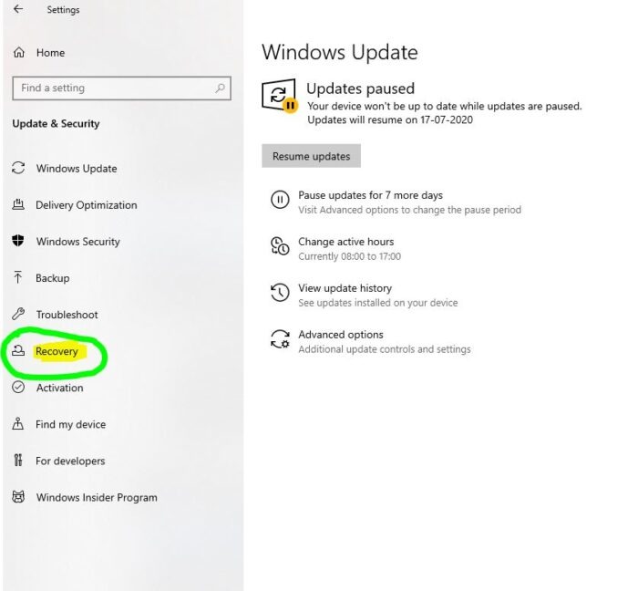 windows 10 recovery settings